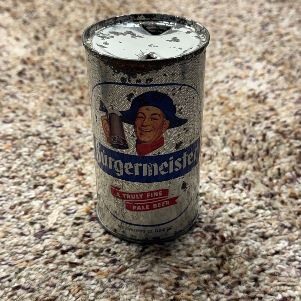 Vintage Burgermeister Pale Beer Flat Top Can 12oz San Francisco Burgie Mascot